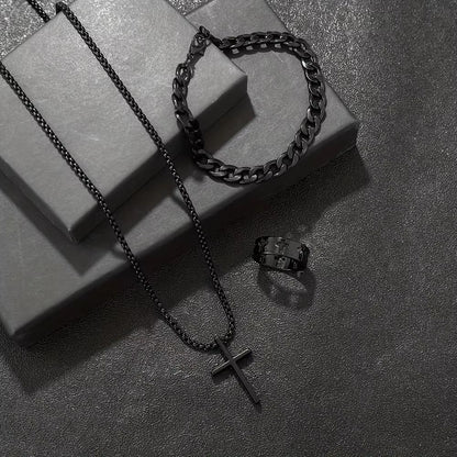 Mens Cross Jewelry Set Necklace Bracelet And Ring Fashion Alloy Christian Gift 1