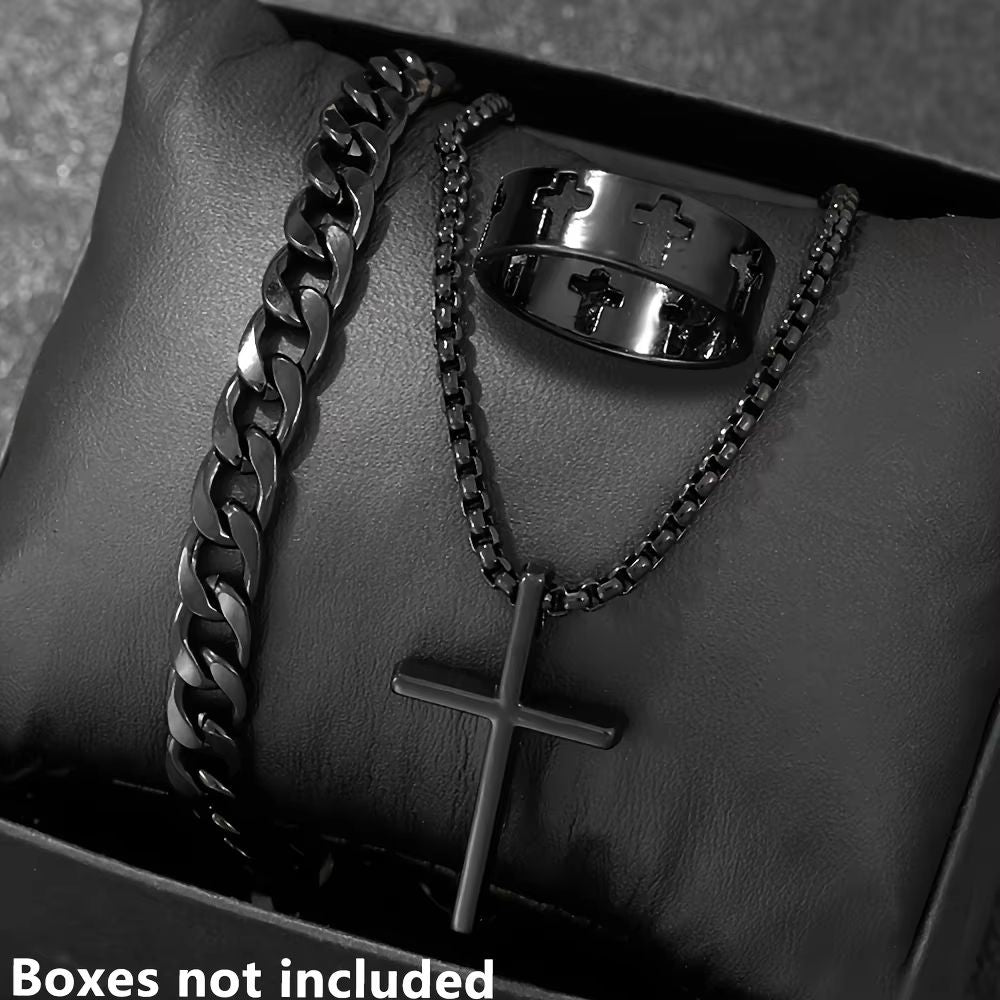 Mens Cross Jewelry Set Necklace Bracelet And Ring Fashion Alloy Christian Gift 2