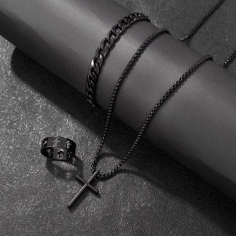 Mens Cross Jewelry Set Necklace Bracelet And Ring Fashion Alloy Christian Gift 3