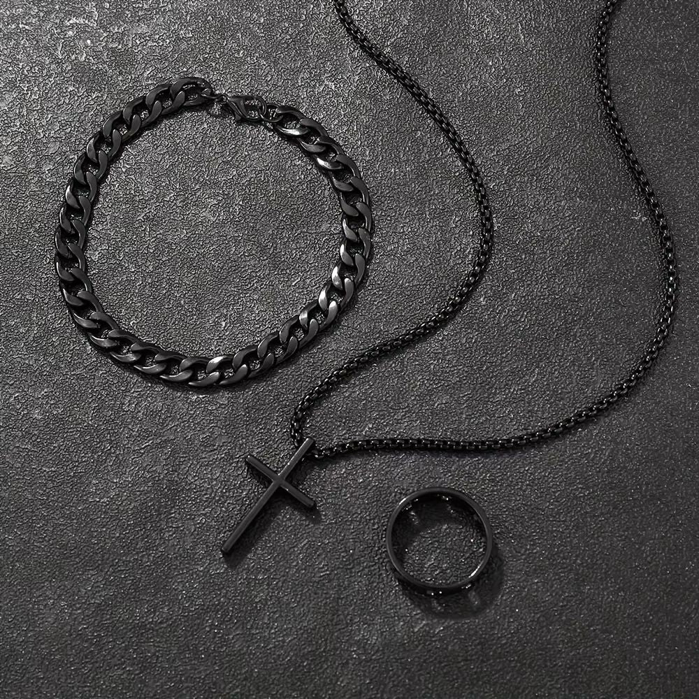 Mens Cross Jewelry Set Necklace Bracelet And Ring Fashion Alloy Christian Gift 5