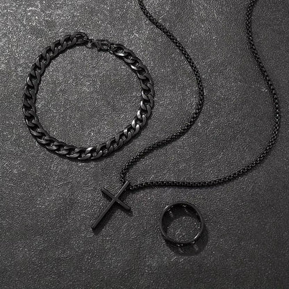Mens Cross Jewelry Set Necklace Bracelet And Ring Fashion Alloy Christian Gift 5