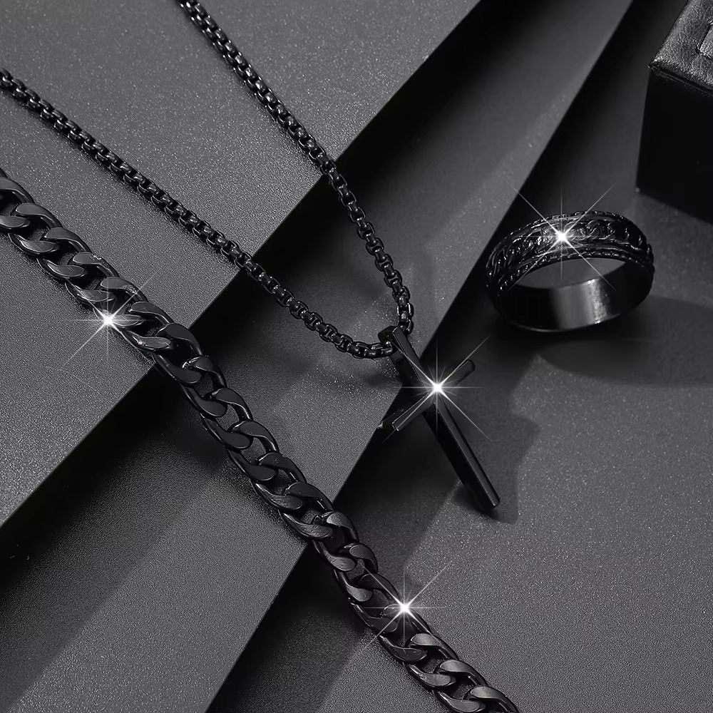 Mens Cross Jewelry Set Necklace Bracelet And Ring Fashion Alloy Christian Gift 7