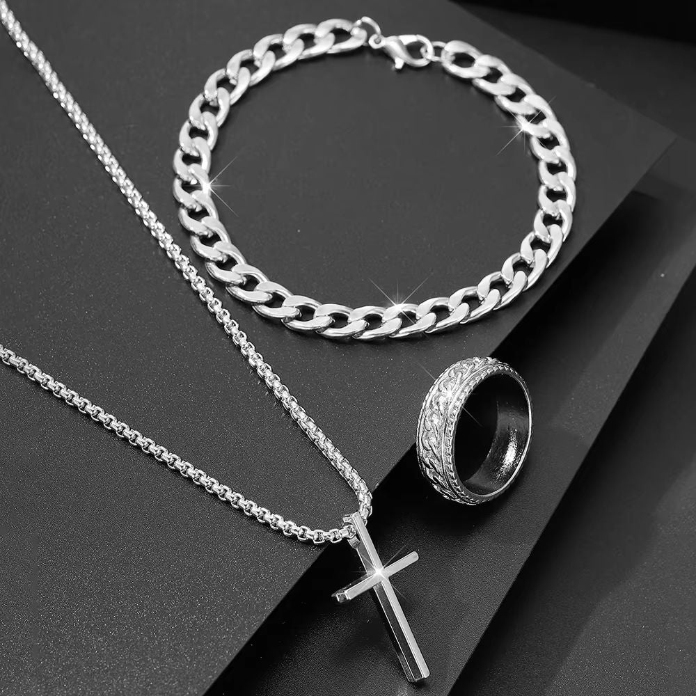 Mens Cross Jewelry Set Necklace Bracelet And Ring Fashion Alloy Christian Gift 8