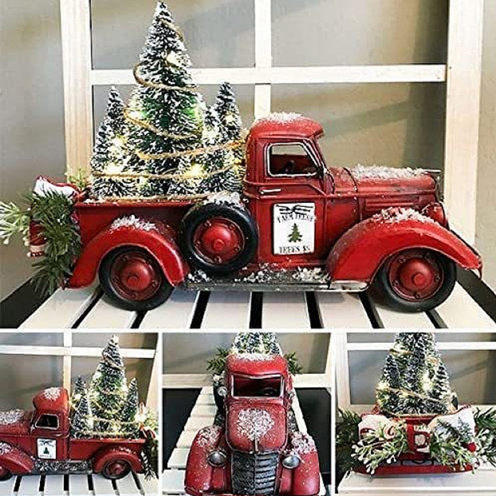 Metal Car With Mini Green Tree Christmas Retro Red Truck Ornaments Box Xmas Table Decoration 1