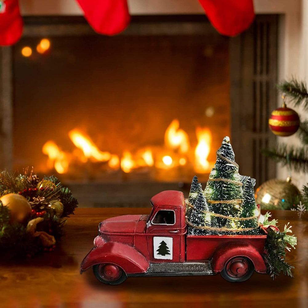 Metal Car With Mini Green Tree Christmas Retro Red Truck Ornaments Box Xmas Table Decoration 4