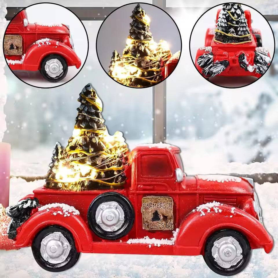 Metal Car With Mini Green Tree Christmas Retro Red Truck Ornaments Box Xmas Table Decoration 7
