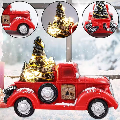 Metal Car With Mini Green Tree Christmas Retro Red Truck Ornaments Box Xmas Table Decoration 7