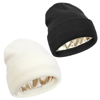 Winter Silk Lining Beanie Unisex Anti Static Hat Slouchy Warm Cuffed Skullies Satin Lined 2Layer Ha