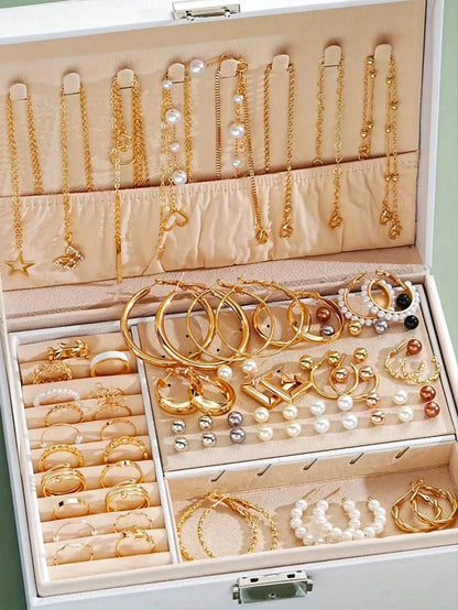Elegant Pearl Jewelry Set With Multi Layered Necklace Pearl Earrings Ear Studs And Rings 4 In 1 Set For Women Daily Wear