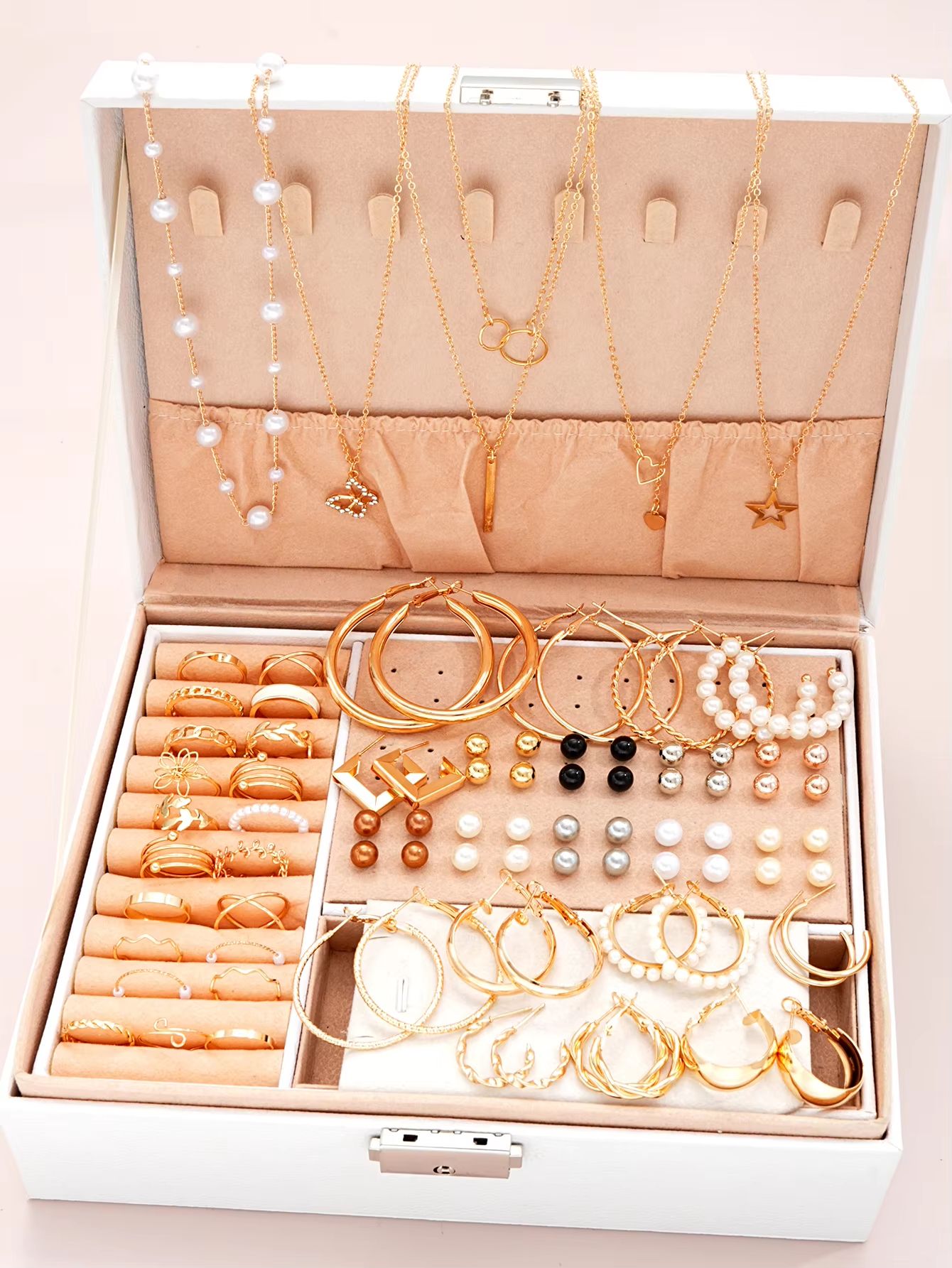 Elegant Pearl Jewelry Set With Multi Layered Necklace Pearl Earrings Ear Studs And Rings 4 In 1 Set 1