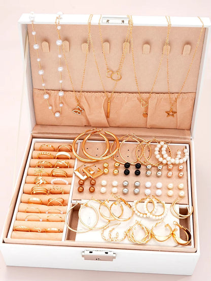 Elegant Pearl Jewelry Set With Multi Layered Necklace Pearl Earrings Ear Studs And Rings 4 In 1 Set 1