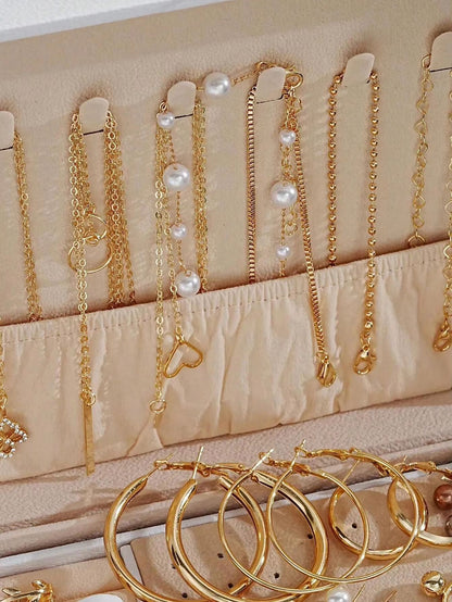 Elegant Pearl Jewelry Set With Multi Layered Necklace Pearl Earrings Ear Studs And Rings 4 In 1 Set 3