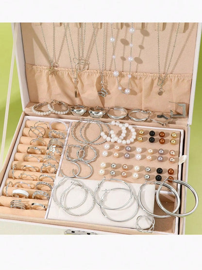 Elegant Pearl Jewelry Set With Multi Layered Necklace Pearl Earrings Ear Studs And Rings 4 In 1 Set 6