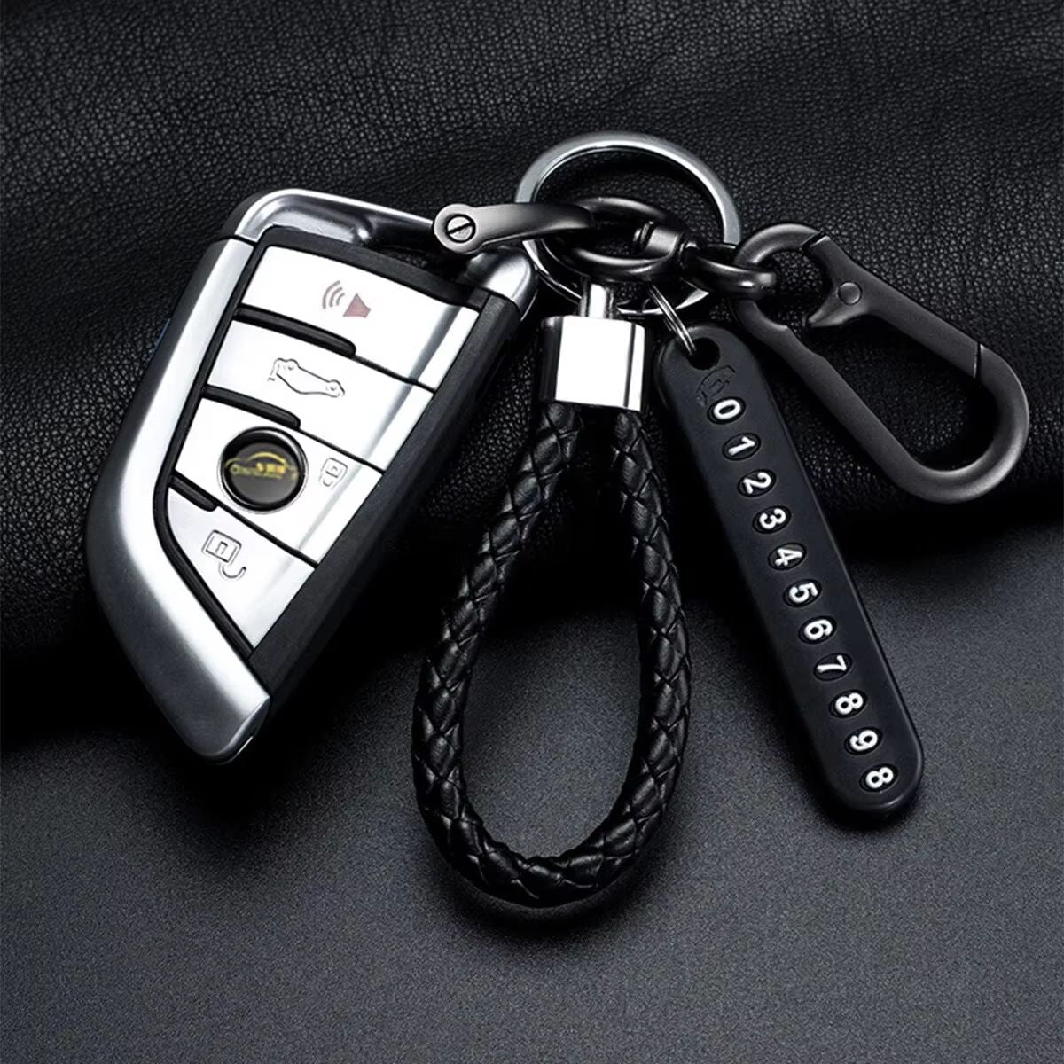 Trendy DIY Mobile Phone Number Plate Leather Rope Car Keychain For Men 1