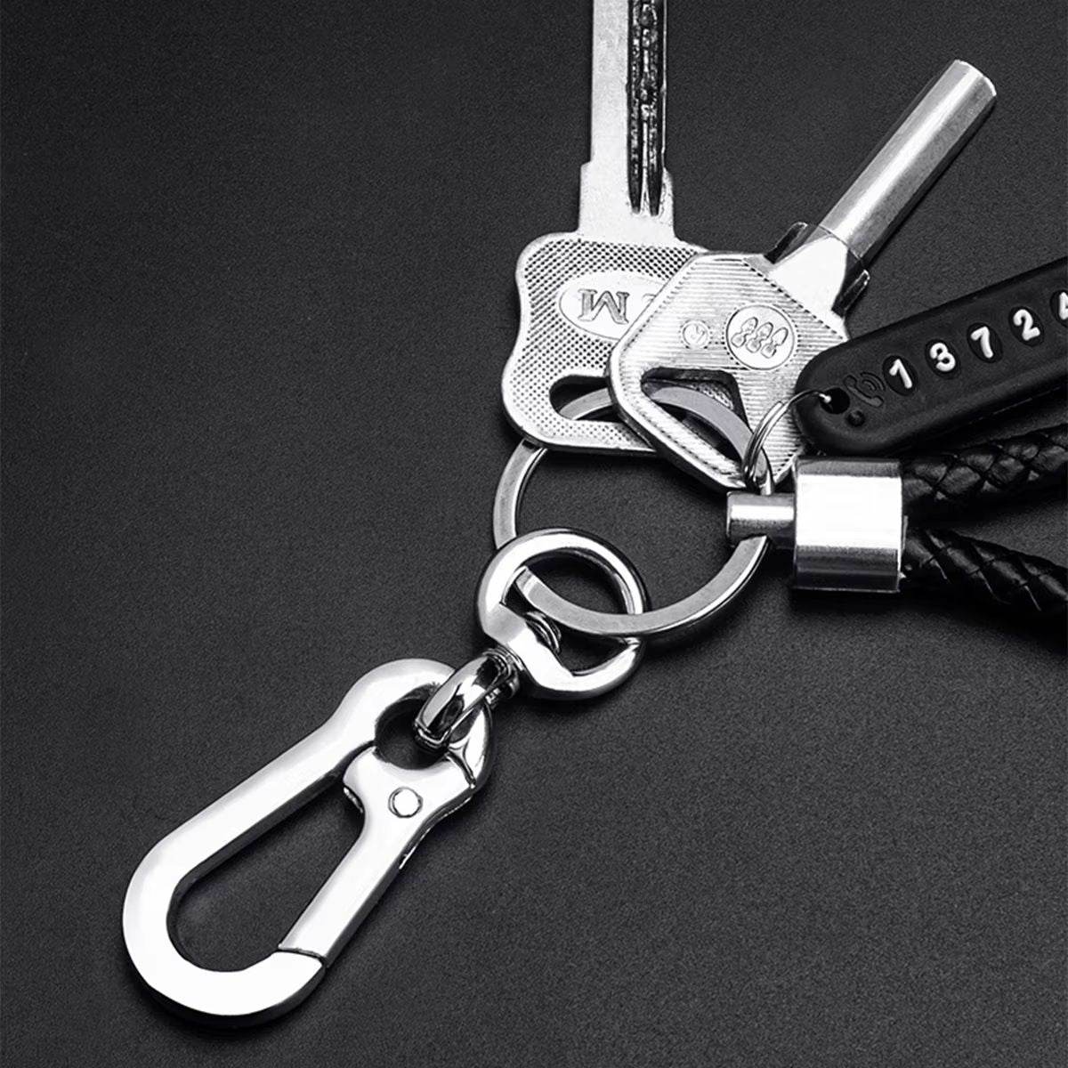 Trendy DIY Mobile Phone Number Plate Leather Rope Car Keychain For Men 3