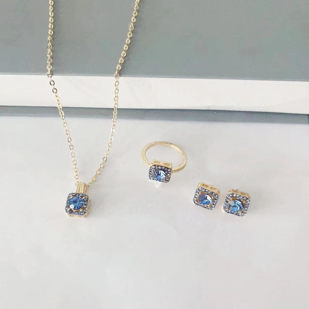 Luxury Cube Necklace Earrings And Ring Jewelry Set For Women 1