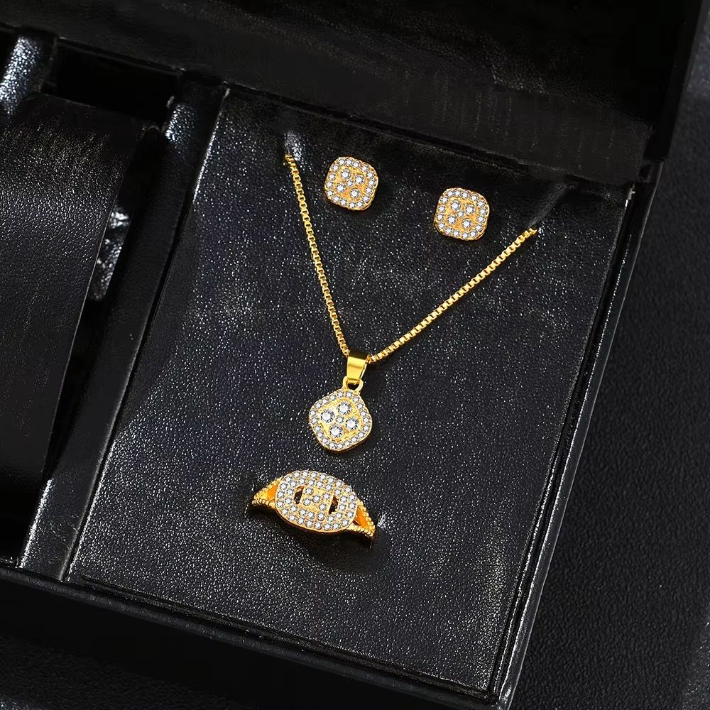 Luxury Cube Necklace Earrings And Ring Jewelry Set For Women 10