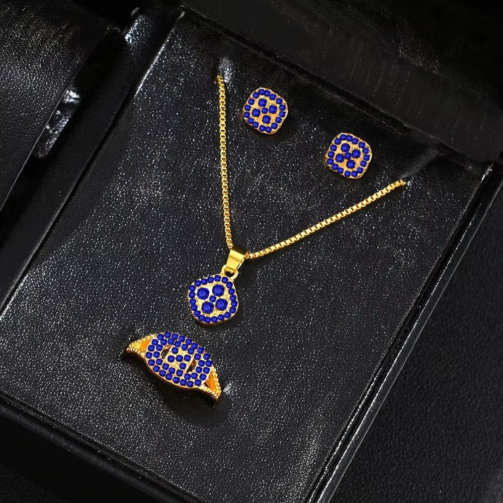 Luxury Cube Necklace Earrings And Ring Jewelry Set For Women 11