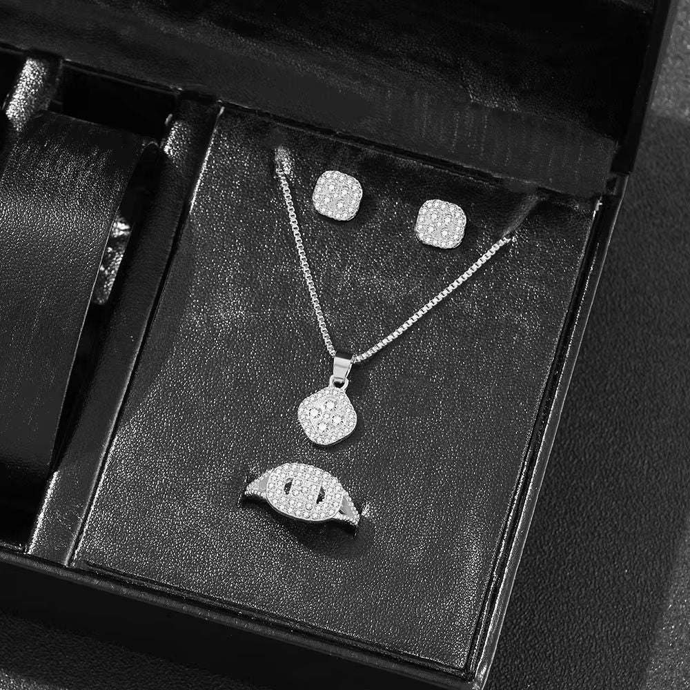 Luxury Cube Necklace Earrings And Ring Jewelry Set For Women 15