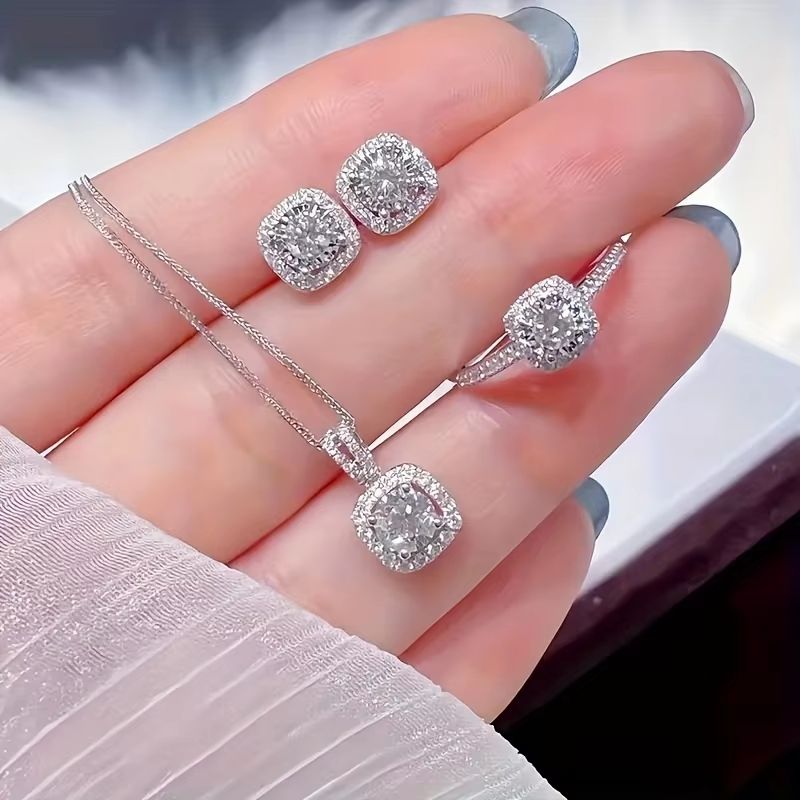 Luxury Cube Necklace Earrings And Ring Jewelry Set For Women 8