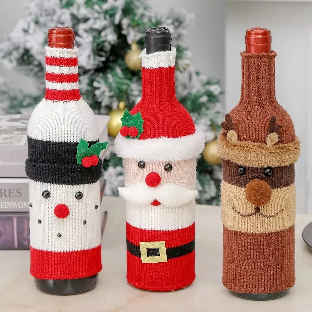 Christmas Wine Bottle Cover Set Santa Snowman Woven Wine Bottle Bags Party Dinner Table Decorations 1