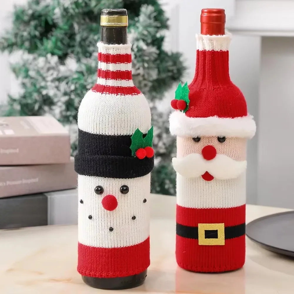 Christmas Wine Bottle Cover Set Santa Snowman Woven Wine Bottle Bags Party Dinner Table Decorations 4