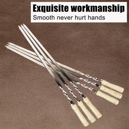 Wood BBQ Fork, Stainless Steel Grill Stick, Outdoor Barbecue Needle, Long Handle Shish Kebab Skewers