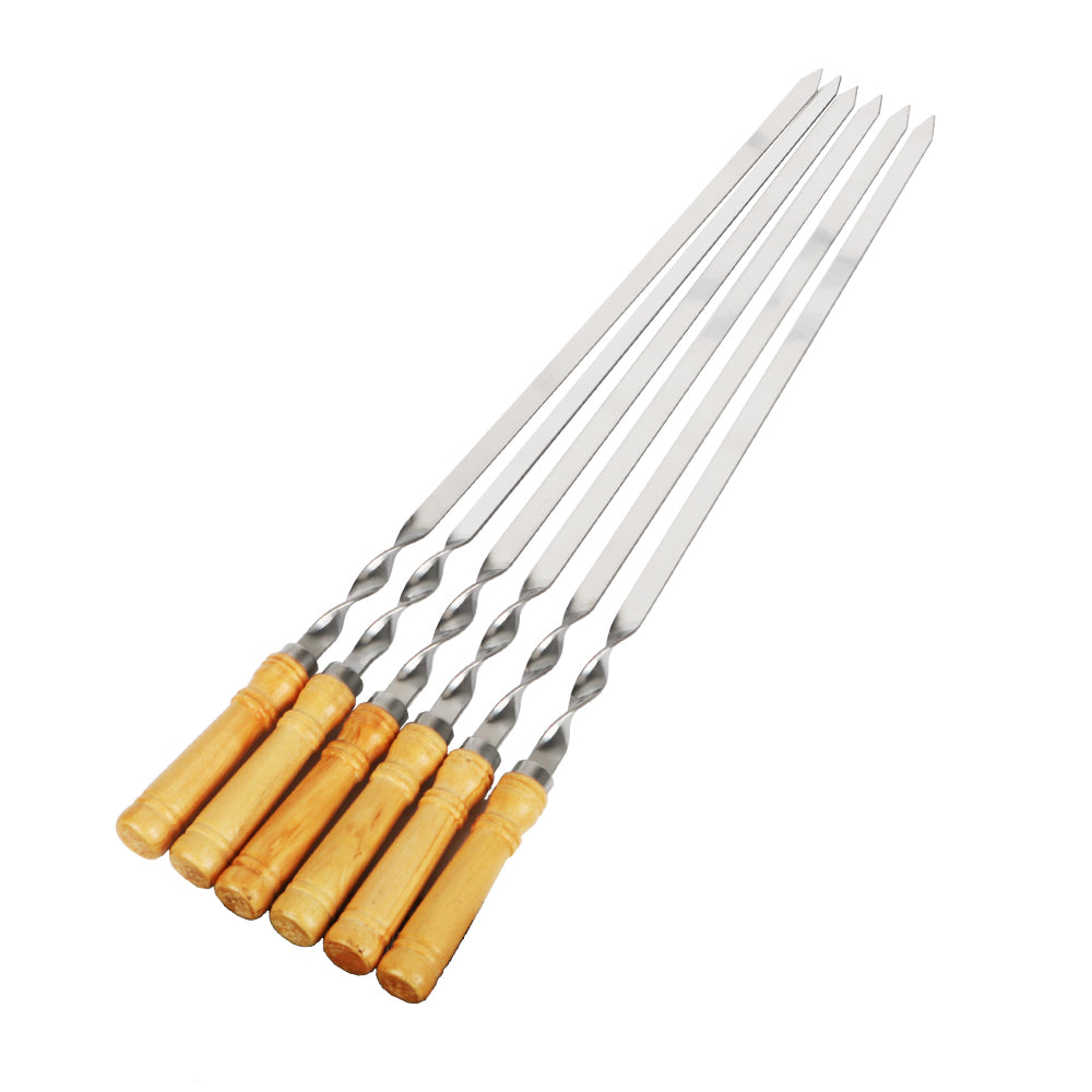Wood BBQ Fork, Stainless Steel Grill Stick, Outdoor Barbecue Needle, Long Handle Shish Kebab Skewers