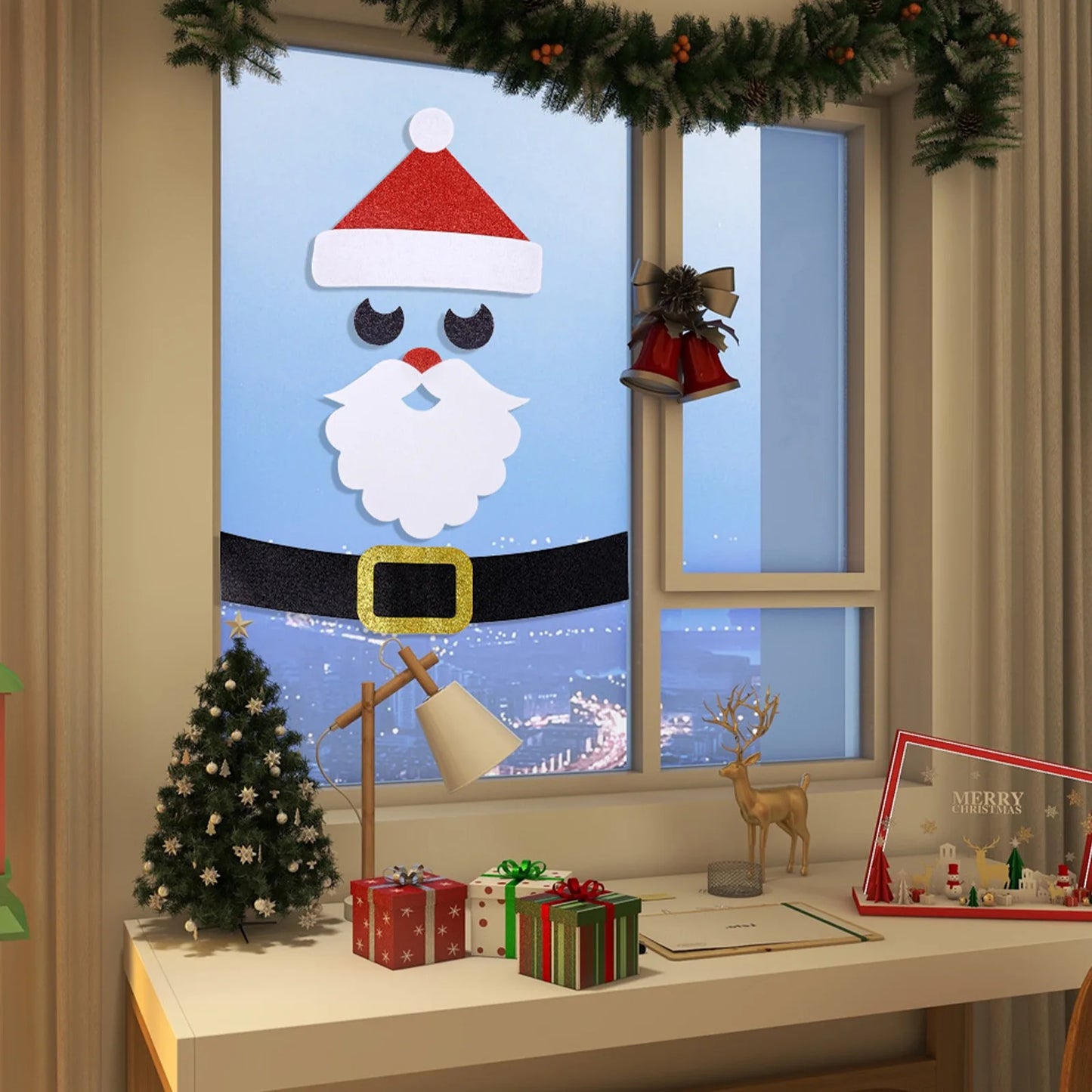 Felt Cloth Christmas Door Stickers, Santa Claus Snowman Elk Window Decoration, Holiday Home Wall Decals