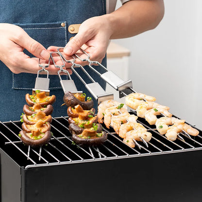 Double Needle Stainless Steel Barbecue Skewer, Reusable BBQ Skewers, Double Ended BBQ Fork, Semi Automatic Barbecue Fork