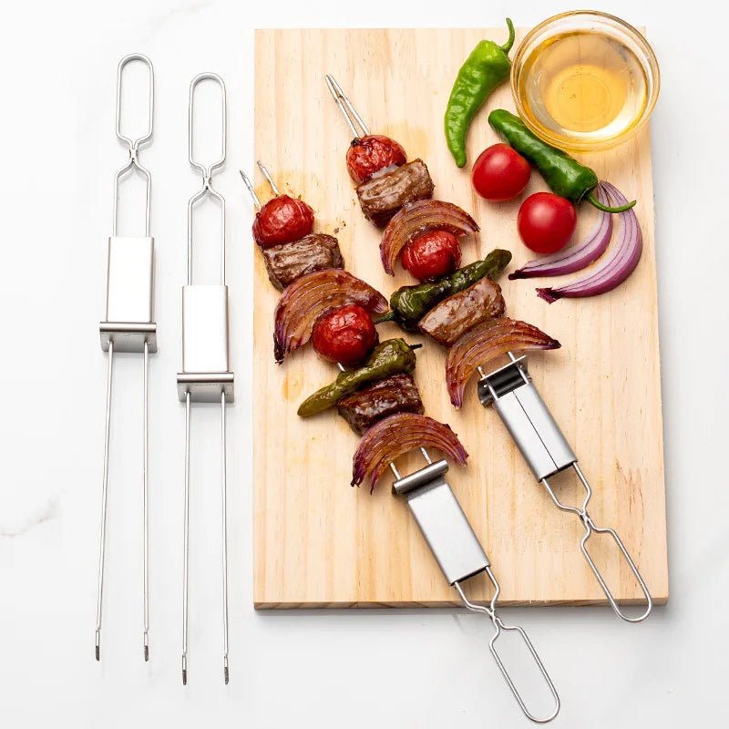 Double Needle Stainless Steel Barbecue Skewer Reusable BBQ Skewers Double Ended BBQ Fork Semi Autom 1