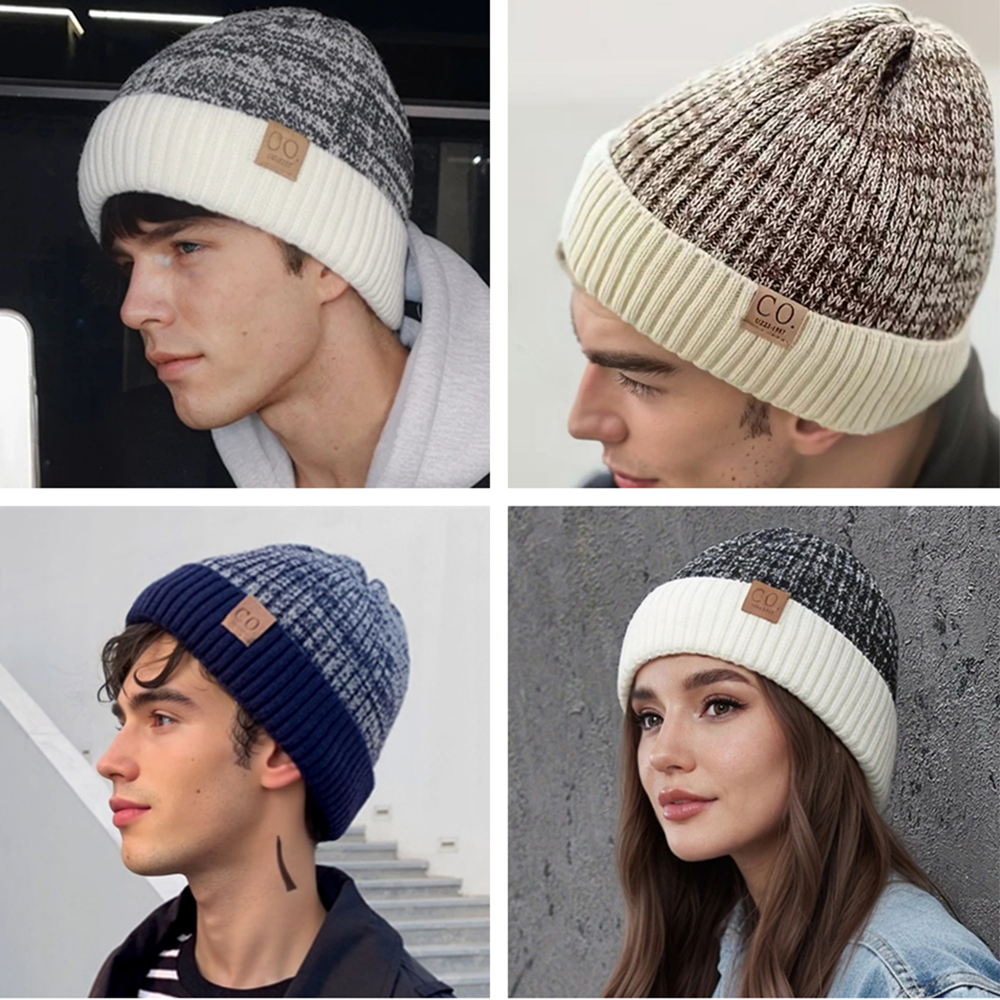 Fur Lined Winter Hat New Unisex TwoTone Beanie Fashion Warm Knitted Cap Men And Women Casual Winter 3