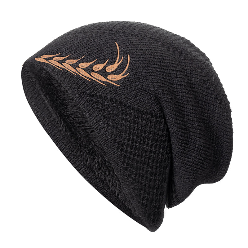 Fashion Wheat Winter Hat, Unisex Thick Fur Lined Beanie, Embroidered Knitted Hat Men & Women, Warm Ski Cap