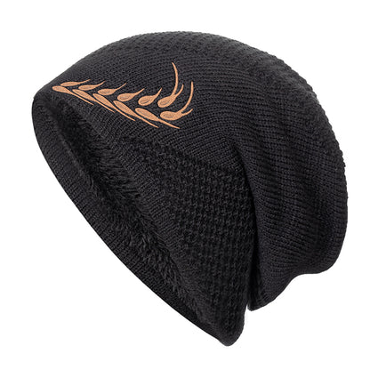 Fashion Wheat Winter Hat, Unisex Thick Fur Lined Beanie, Embroidered Knitted Hat Men & Women, Warm Ski Cap