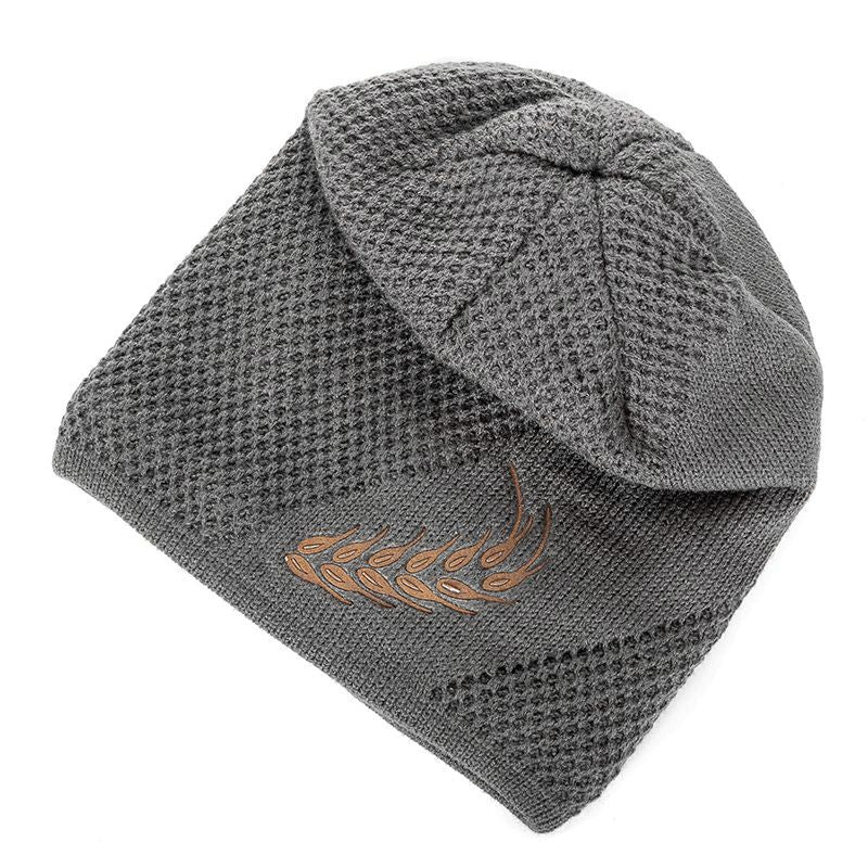 Fashion Wheat Winter Hat, Unisex Thick Fur Lined Beanie, Embroidered Knitted Hat Men & Women, Warm Ski Cap