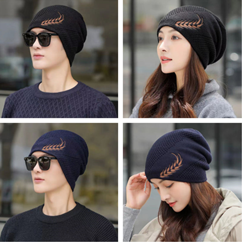 Fashion Wheat Winter Hat, Unisex Thick Fur Lined Beanie, Embroidered Knitted Hat Men & Women, Warm Ski Cap
