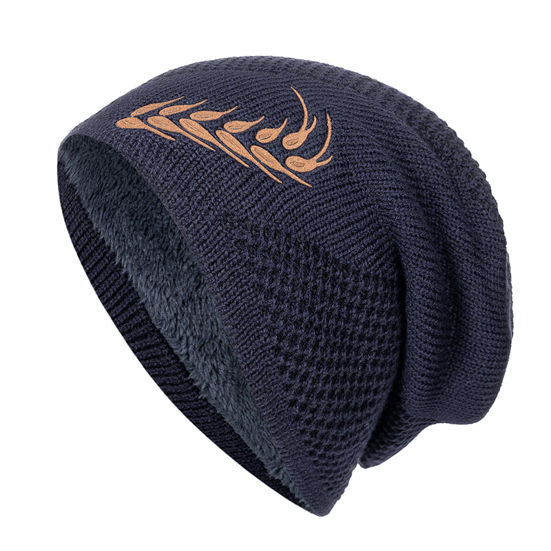 Fashion Wheat Winter Hat, Unisex Thick Fur Lined Beanie, Embroidered Knitted Hat Men & Women, Warm Ski Cap