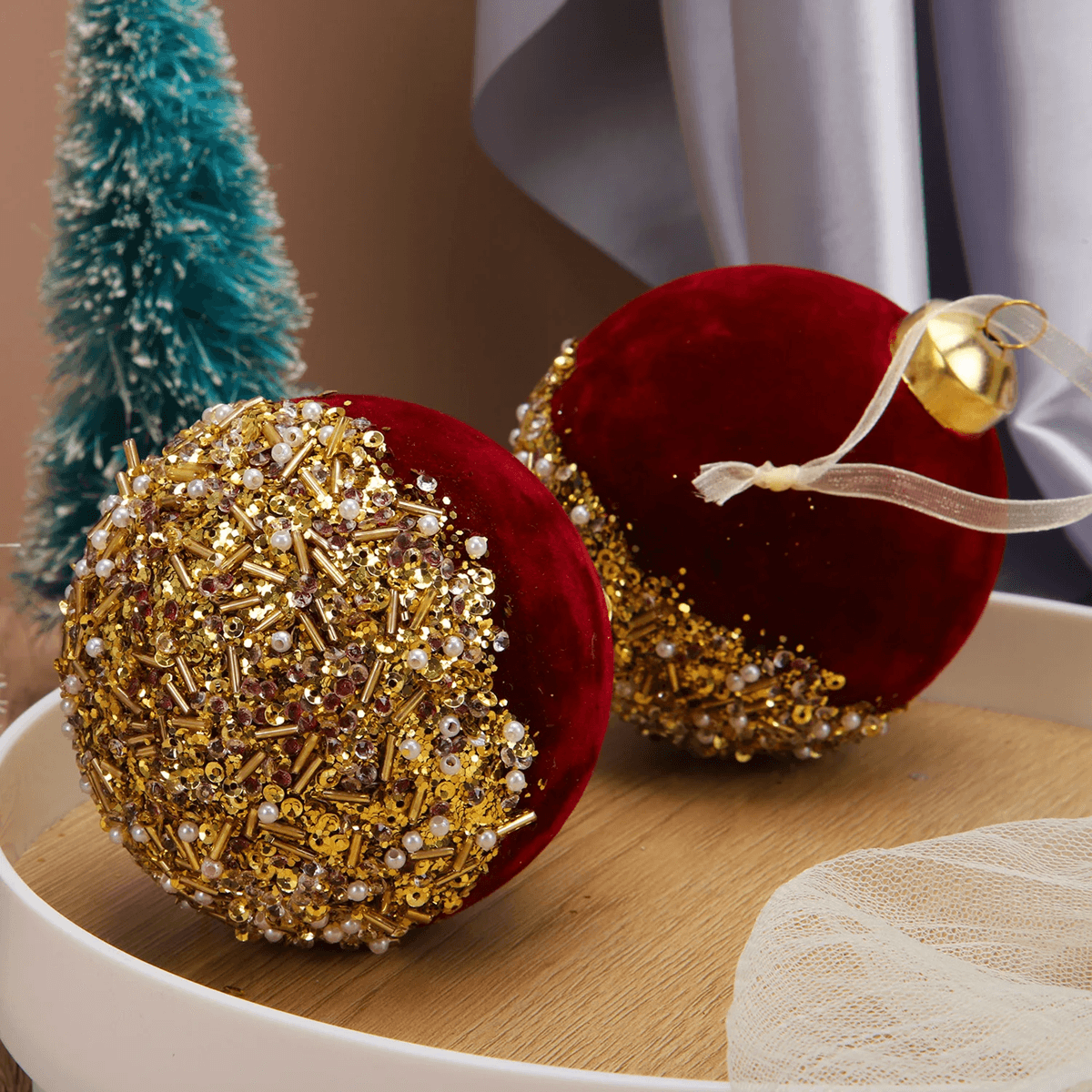 VelvetGlitz 3Inch Red Velvet  Sequin Christmas Balls Set Premium Glitter Ornaments For Tree And Par 1
