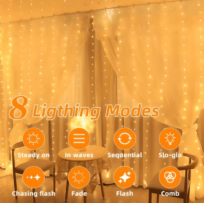 LumiGlow Solar Curtain String Lights 300 LED Outdoor Waterproof Garland 1