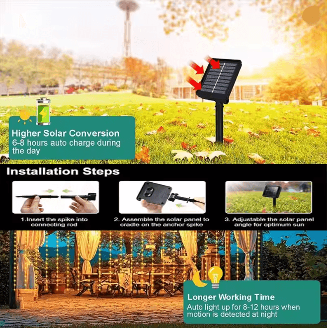 LumiGlow Solar Curtain String Lights 300 LED Outdoor Waterproof Garland 2