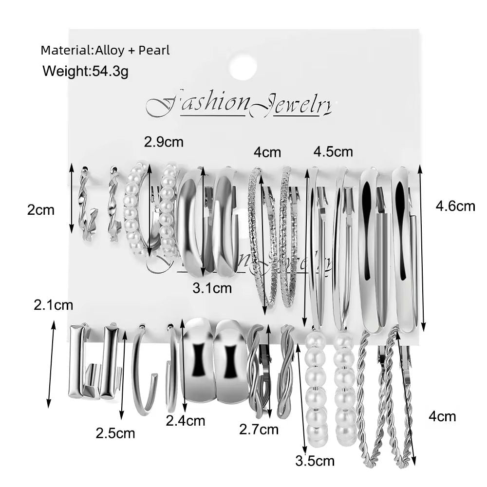 Vintage Silver Y2K Pearl Hoop Earrings Set For Women 24 Pcs 1