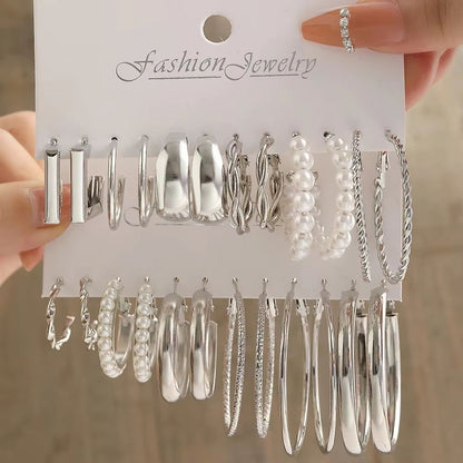 Vintage Silver Y2K Pearl Hoop Earrings Set For Women 24 Pcs 10