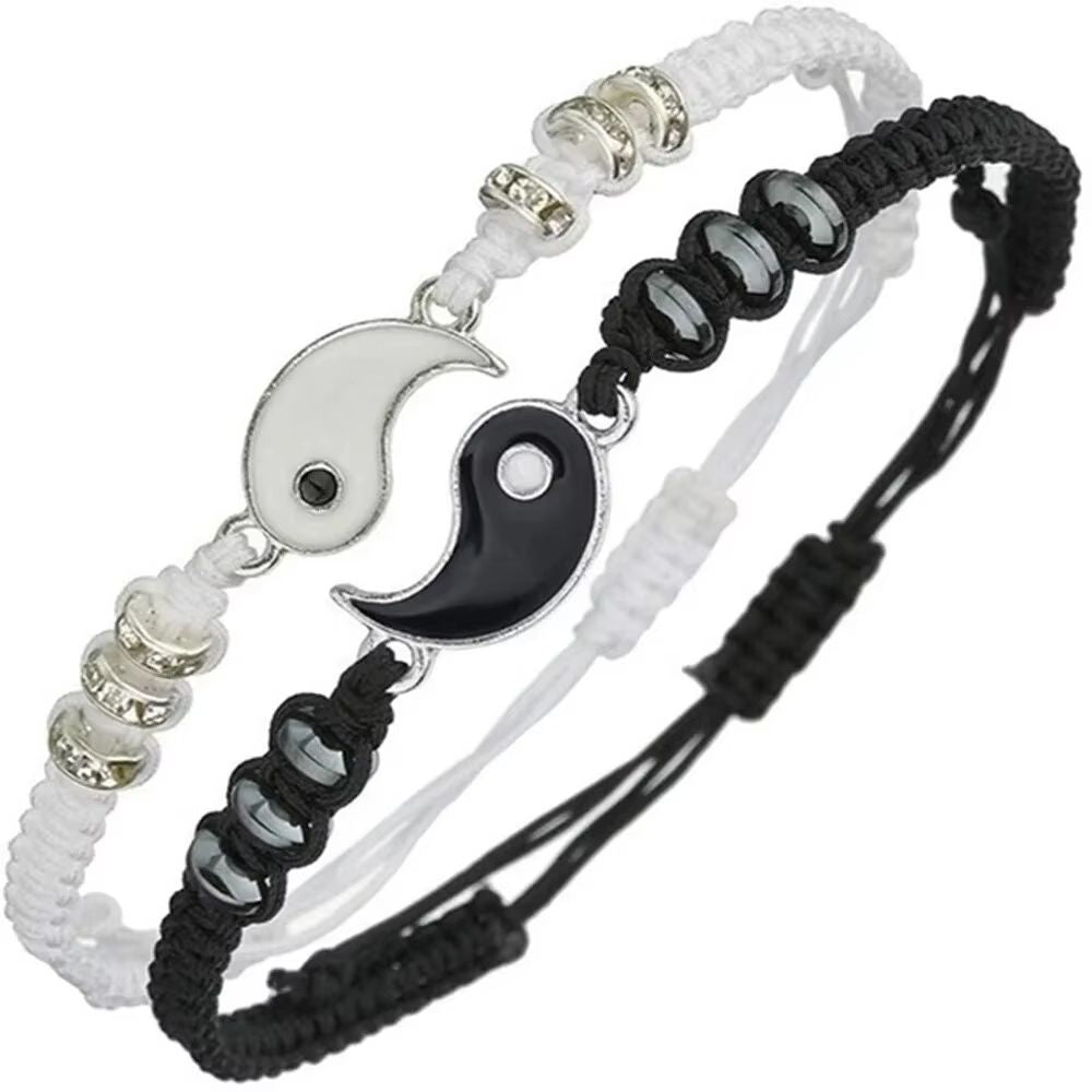 Couple Black White Tai Chi Adjustable Rope Bracelet Set