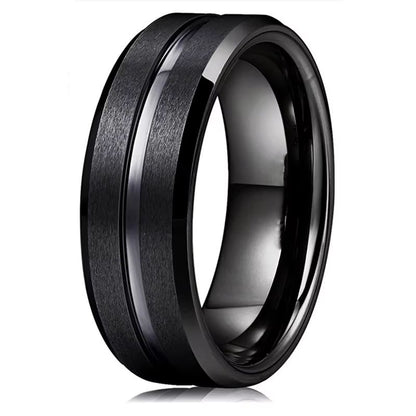 Fashion 8mm (0.31 in) Mens Black Tungsten Wedding Band With Groove Beveled Edge