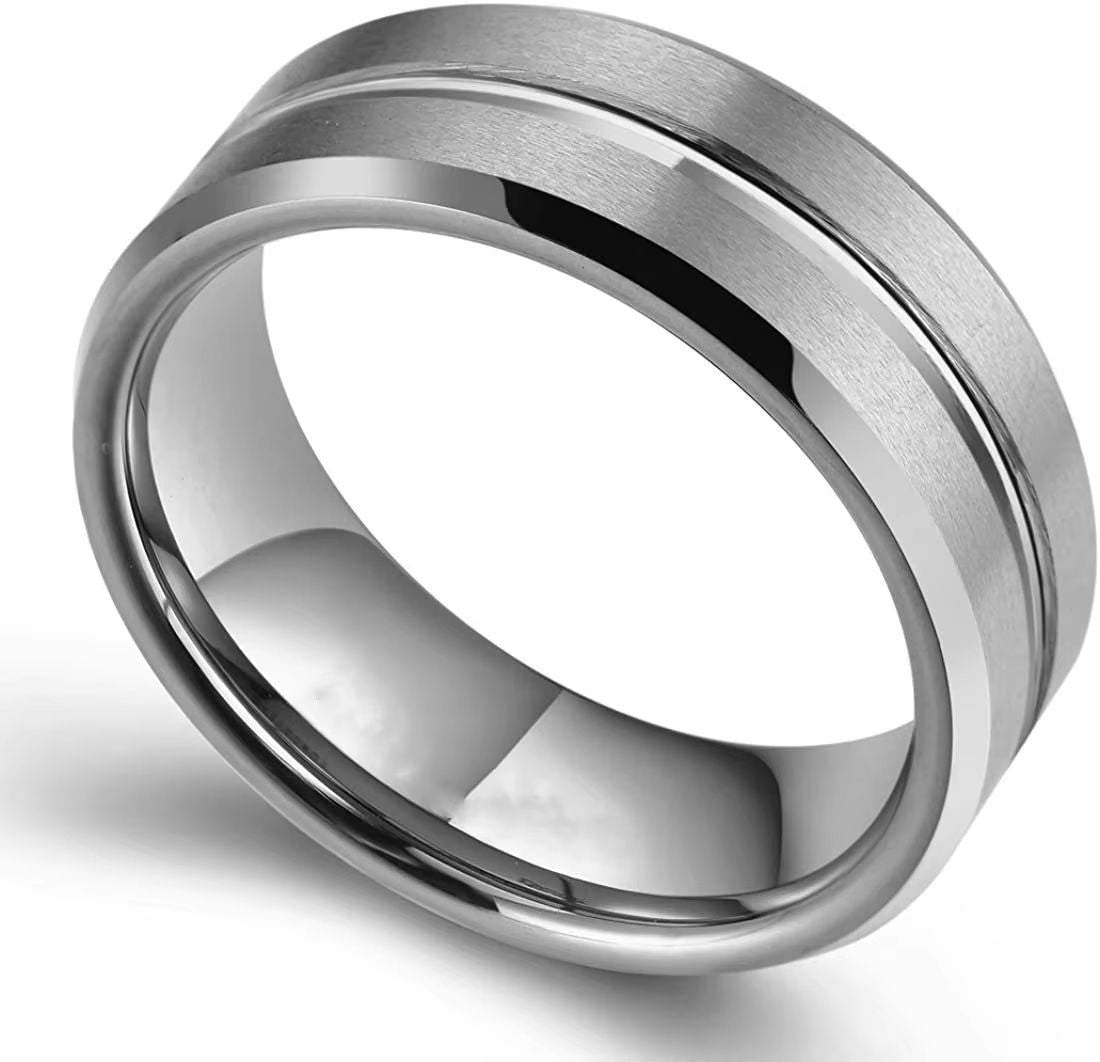 Fashion 8mm Mens Black Tungsten Wedding Band With Groove Beveled Edge 7
