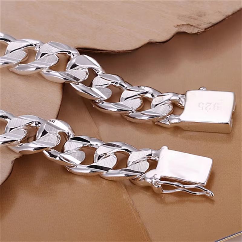 Fine Silver Color Square Gem Bracelet For Men And Women 1