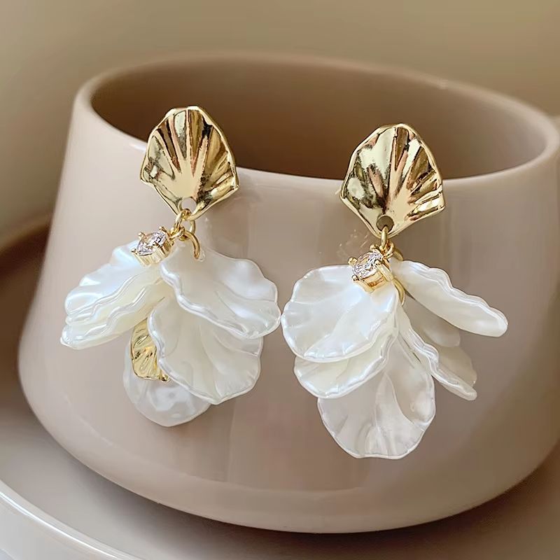 Gold Petal Tassel Imitation Shell Earrings For Women