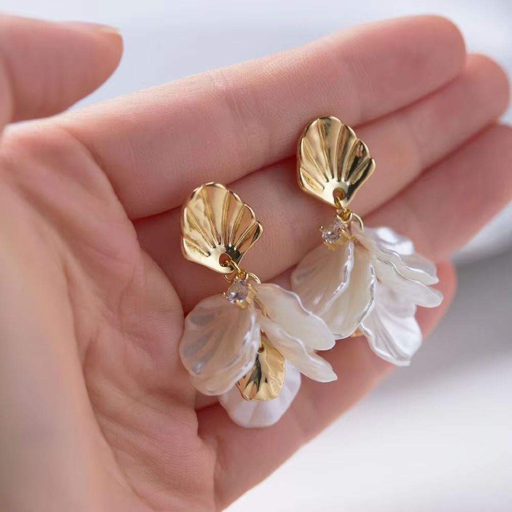 Gold Petal Tassel Imitation Shell Earrings For Women 1