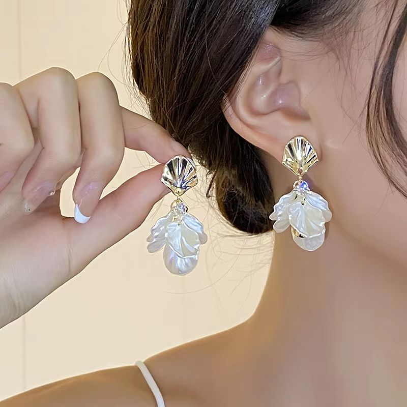 Gold Petal Tassel Imitation Shell Earrings For Women 2