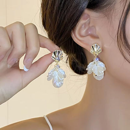Gold Petal Tassel Imitation Shell Earrings For Women 2
